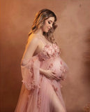 MQTIME  -  Sweet Photography Maternity Dresses with 3D Flowers Pink Pregnant Woman Photoshoot Dress Woman Tulle Maternity Gowns