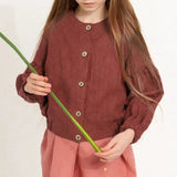 MQTIME  -  Retro Ramie Long-Sleeved Children's Cardigan Solid Color Button-Down Coat Autumn Winter Casual Lantern Sleeve Shirt Jacket