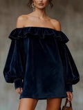  MQTIME  -  Elegant Off Shoulder Velvet Dress Woman Sexy Elegant Temperament Slim Dress Vintage Long Sleeve Spring Autumn Mini Dress 2026