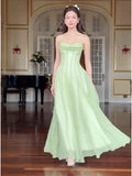 MQTIME  -  Sexy Spaghetti Strap Square Neck Ruffles Design Long Dress Women Matcha Sleeveless A-line Dresses Elegant Evening Party Gowns