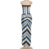 MQTIME  -  Striped Patchwork Ruched Bodycon Vacation Beach Maxi Dress Women Sexy Strapless Hollow Out Peach Hip Split Party Long Robe