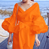 MQTIME  -  Spring Elegant V-Neck Puff Sleeve Office Blouse Women Fashion High Street Office Pullover French Style Solid Lace-up Shirts