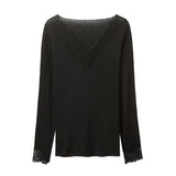  MQTIME  -  Slim Lace Patchwork Women's Top Sexy V-neck Long Sleeve Solid Female Pullovers Autumn Winter New Lady All-match T-shirts