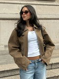 MQTIME  -  Chic Suede Short Jacket Woman Lapel Zipper Pocket Long Sleeves Solid Coats 2025 Autumn Casual Streetwear Lady New In Jackets