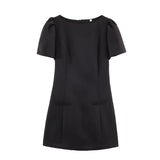  MQTIME  -  Women Vintage Black Short Puff Sleeve Dress Slim A-Line Mini Dress Fashion Summer Casual Basics Office Lady Chic Dresses