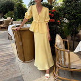 MQTIME  -  Elegant High Waist Holiday Outfit 2025 New Women's V Neck Lace Up Top + Long Skirt Suit Sweet Casual Puff Sleeves Two Piece Set