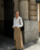 MQTIME  -  Fall Winter Vintage Suede Skirt New Women's Split Brown Long Skirts High Street Office Lady Elegant High Waist Slim Dress