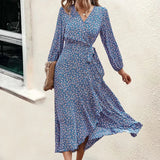 MQTIME  -  Printing Maxi Dress V Neck Bandage Boho Holiday Dress Long-sleeved Belt Lace-up Vestidos Ruffled Beach Dresses
