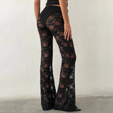 MQTIME  -  Women’s Y2K Vintage Retro Gothic Flare Long Pants Transparent Sheer Lace High Waist Bell-Bottoms Trousers Streetwear