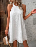 MQTIME  -  Fashion Hollow Out Lace Dress Sleeveless Halter Mini Dress Embroidery Cotton White Dress Round Neck Summer Vestidos