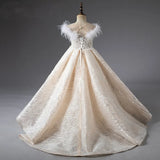 MQTIME  -  Shiny Flower Girl Dress Champagne Pearls Beading Feathers Formal Gown for Birthday Wedding Party Show Honors Day J029