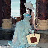 MQTIME  -  Elegant temperament Blue Ruffle Flower Strap Dress for Women 2025 New Seaside Vacation Style Beautiful Long Dress