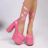 MQTIME  -  Sexy Hot Pink Platform Super High Heel Pumps Women Summer Ribbon Ankle Strap Mary Jane Shoes Woman's Nightclub Spicy Shoes