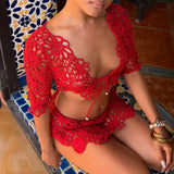 MQTIME  -  Beach Party Two Piece Set Sexy V-neck Hollow Out Lace Tops&Mini Skirts Sets Summer New Solid Color Mesh Knitted Outfits