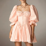 MQTIME  -  Fashion Sweet Style Dress Women's Autumn Bubble Sleeve Splicing Design Pleated Skirt