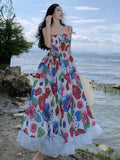 MQTIME  -  French Elegant Floral Print Long Dress Women Spaghetti Straps Sexy party A-line Ladies Dress Beach Vacation Robe
