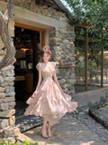 MQTIME  -  Elegant Seaside Vacation Floral Printed Dress Summer Off Shoulder Women Camisole Dress Slim Casual Ruffles Fairy Dress