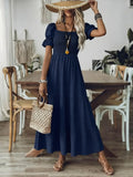 MQTIME  -  Elegant Plus Size Women's Solid Color Waist Cinching Slimming Dress Summer Loose Fit Long Sleeve Maxi Dress Stylish Casual Wear