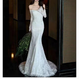 MQTIME  -  Beautiful White Wedding Dresses Floor Length Long Sleeves Backless Bridal Gowns Lace Appliques Vestidos De Novia Customized