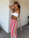 MQTIME  -  Rainbow Color Knitted Striped Pants Women Wide Leg Hollow Out Striped Loose Trousers 2025 Autumn Fashion Vacation Street Pants