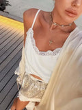 MQTIME  -  Women White Satin Spaghetti Strap Lace Trim Asymmetrical Hem Blouse Boho Sleeveless Top ladies Summer Beach Vacation Shirts