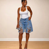 MQTIME  -  Summer New Fashion Women's Hole Washing Water Corns Loose Denim Shorts High Waisted Ripped 5-point Jeans