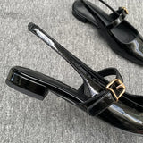 MQTIME  -  Sling Back Black Flats Shoes Women Pointed Toe Low Heels Elegant Mary Janes Glossy Pu Leather Buckle Strap Soft Ladies Shoes