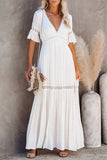 MQTIME  -  Boho Lace Dress V Neck Flare Sleeve Embroidery Maxi Dress A-line Elegant Party Dresses Mujer Vestidos