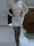 MQTIME  -  Sexy White Lace Full Sleeve Mini Dress Women O-neck Backless Hip Package Slim Waist Cinching Dresses Lady Evening Party Vestidos