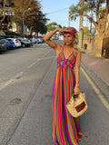 MQTIME  -  New Rainbow Maxi Dress Women Sexy V Neck Sleeveless Floor Length Boho Dress Beach Style Halter Maxi Dress Backless Sundress