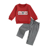 MQTIME  -  Infant Autumn Ensemble Striped Lion Applique Round Neck Pullover with Checkered Trousers 2 Piece Suit