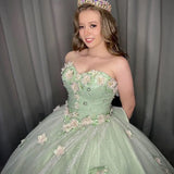 MQTIME  -   Sage Green Sweet Princess Quinceanera Dress Bead Appliques 3D Flower Vestidos De Birthday Party Graduation Ball