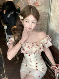 MQTIME  -  French Sweet Coquette Off-the-Shoulder Dress Women Red Floral Print Ruffle Trim Ruched Waist Slim Fit Mini Dress Elegant Outfit