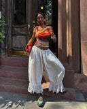 MQTIME  -  Lace Patchwork Elastic Waist Trousers Women Casual High-waisted Lace-up Loose Wide Leg Pants Lady Street Chic Bottom