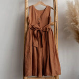 MQTIME  -  Vintage Cotton Linen Girls Sleeveless Dress Chic Open Back Buttons Bandage Bow Sweet Loose Wending Evening Party Dresses