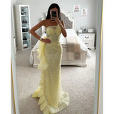 MQTIME  -  Stunning Yellow Mermaid Prom Dress Crystal Strapless Evening Dresses Elegant Side Ruffle Formal Dresses for Women