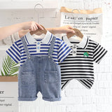MQTIME  -  2Piece Summer Toddler Boy Outfits Korean Fashion Stripe Short Sleeve Cotton Baby Tops+Denim Overall Boutique Kids Clothing B071