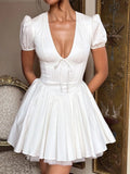 MQTIME  -  Summer New French V-neck Women Short Sleeved Dress Elegant Charm Female Evening Dresses