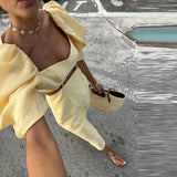 MQTIME  -  Elegant Solid Square Collar Holiday Long Dress Women Puff Sleeve Party Dress Lady 2025 Hollow Waist High Street Summer Dress