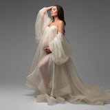 MQTIME  -  Fairy Sheer Tulle Maternity Photoshoot Dresses Puff Sleeves Long Train Pregnancy Dress Off Shoulder Sweetheart Maternity Robe