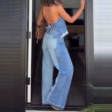 MQTIME  -  Summer Casual Street Solid Color Women Suit Fashion Pocket Holiday Outfit O Neck Sleeveless Top and Long Pants Denim 2 Piece Set