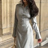 MQTIME  -  Fashion Turn Down Collar Long Sleeve Dress Temperament Slim Solid Color Shirts Dresses Elegant Ladies Simple Commute Maxi Dress