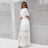 MQTIME  -  Summer Lace Maxi Dress V Neck Short Sleeve Embroidery Elegant Vestidos Vacation White Floor Length Dress Party Robes