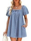 MQTIME  -  Summer New Fashion Square Neck Women Bubble Sleeve Dress Simple Strap Up Elegant Female Denim Short Dresses