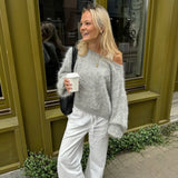 MQTIME  -  Mink Hair Off Shoulders Sweater For Women Loose Pullover Long Sleeve Knitted Top Casual Lazy Autumn Fashion Lady Sweater