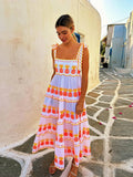 MQTIME  -   Halter Lace Up Print Dress Cake Contrast Color Pleated Layered Suspender Baggy Women Beach Strap Long Dresses Fuffy Robes Summer