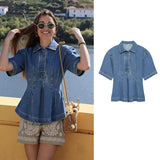  MQTIME  -  Denim Top Woman Sexy Short Sleeves Waist-Cinching Button Tops For Women Solid Color Ruched Slim Tank Tops