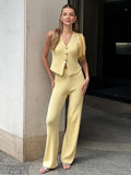 MQTIME  -  Knitted Straight Leg Pants 2 Piece Set Women's V-Neck Crop Tank Top High Rise Trousers Elegant Commuting Fashion Outfit