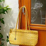 MQTIME  -  Lightweight Korean Woven Tote Bag, Minimalist PU Shoulder Handbag With Mini Inner Pouch, Women Vacation Underarm Basket Purse