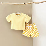 MQTIME  -  New Summer Baby Clothes Set Cute Infant Boys Solid Color T-shirt +Plaid Shorts Toddler Loose Outfit 2PCS